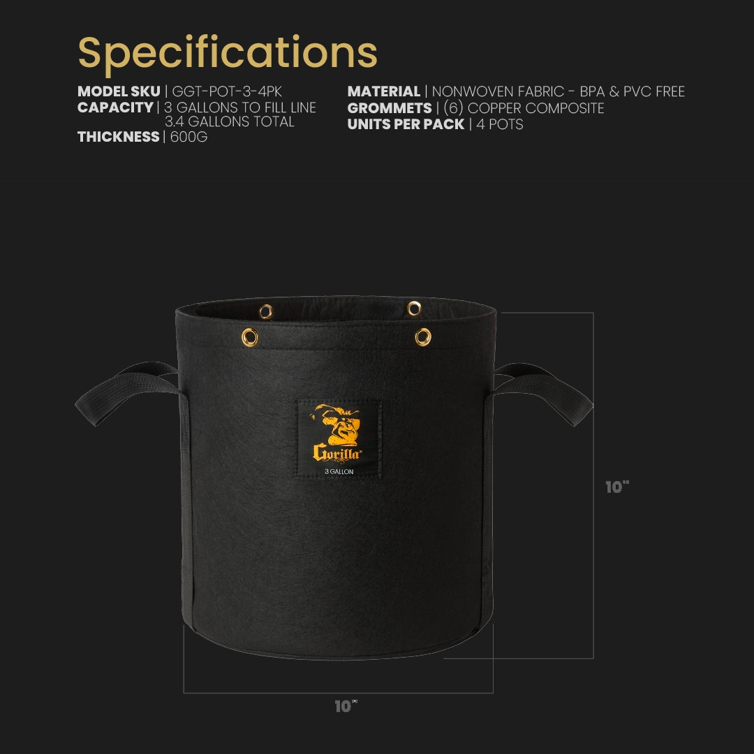 Gorilla 3 Gallon Grow Bag (4 Pack)