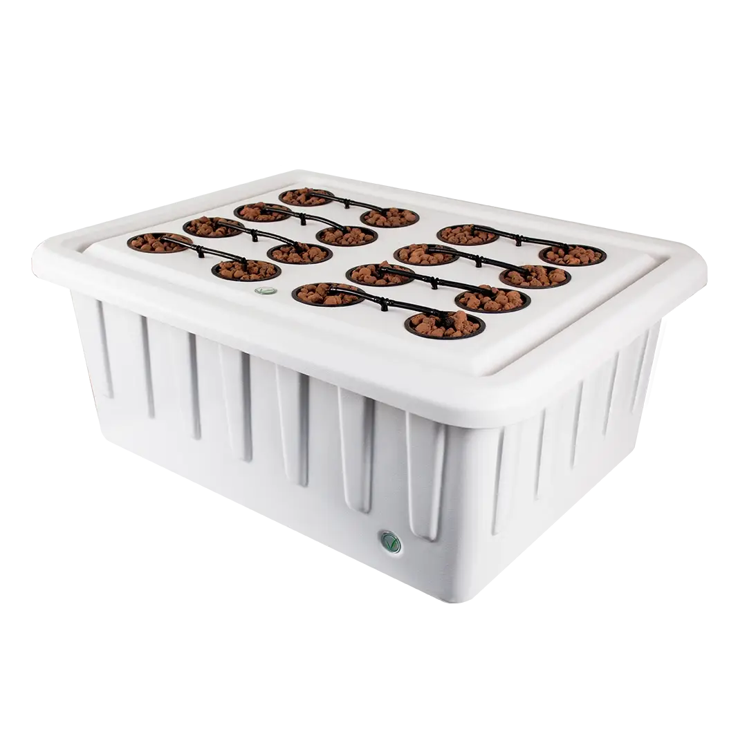 An advanced hydroponic grow system with nutrient-rich water flowing through tubes, supporting a variety of vibrant green plants suspended without soil.